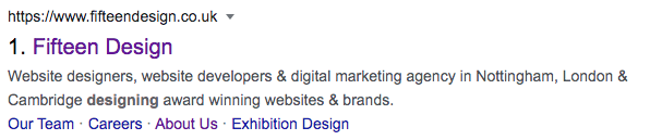 Fifteen Design meta description on SERP