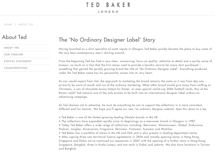 Ted Baker website "About Ted" page telling the "No Ordinary Designer Label" story