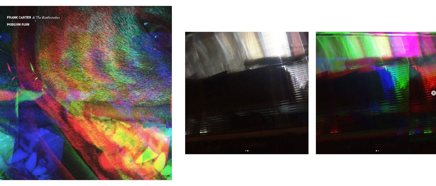 Experimental music artwork with distorted, glitchy colours