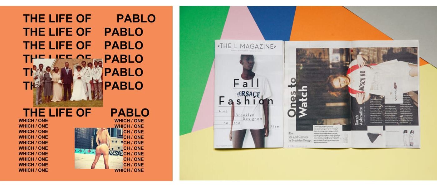 "Undesigned" music and fashion examples: a text-heavy album cover and a fashion magazine spread