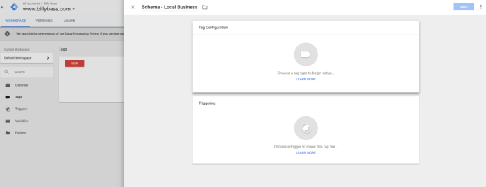 Google Tag Manager screen for setting up a new tag