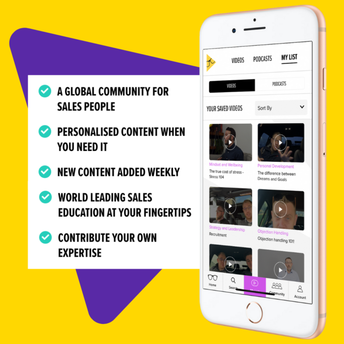 SalesGeek Hub app screens listing features such as personalised content and a global sales community