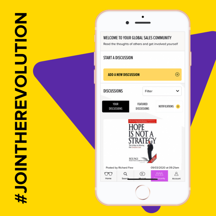 SalesGeek Hub app discussion screen with the #JOINTHEREVOLUTION campaign line