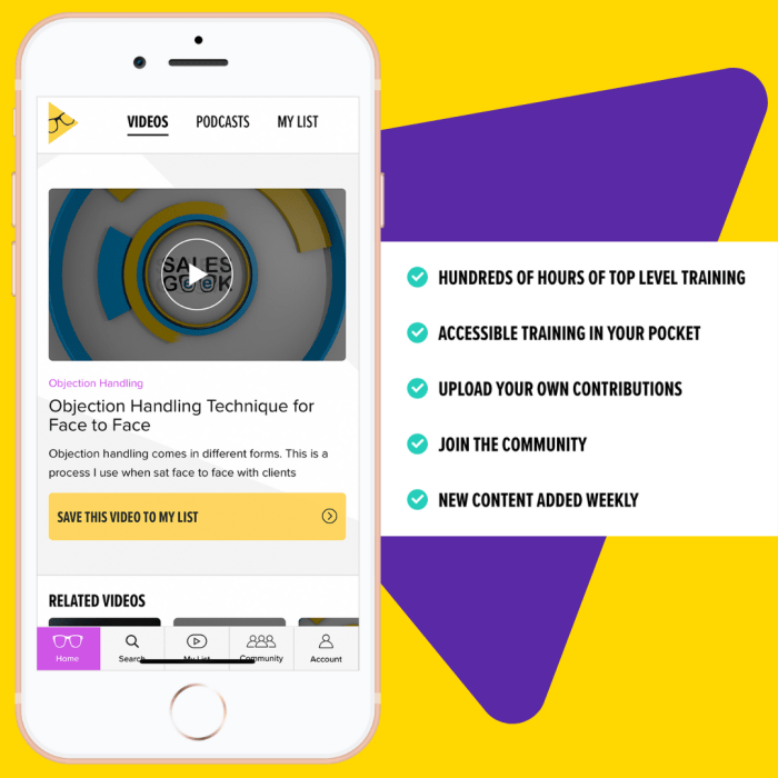 SalesGeek Hub app video screen listing hundreds of hours of sales training