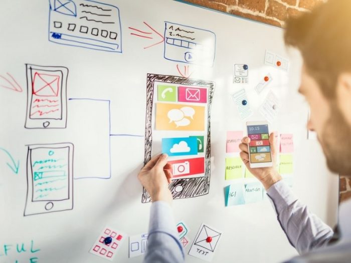 Designer sketching user experience layouts on a whiteboard