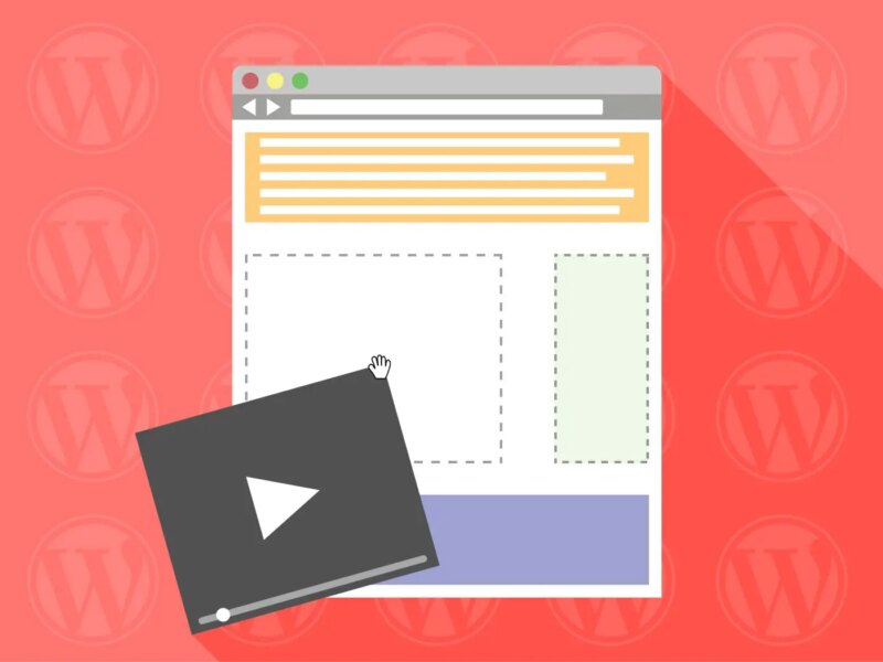 A WordPress webpage layout with a video thumbnail on a red background