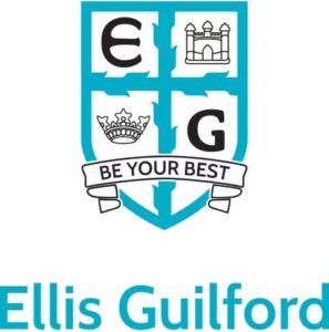 Ellis Guilford school crest with shield, crown, building and banner reading Be Your Best