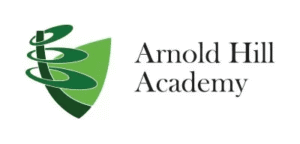 Arnold Hill Academy logo with green shield and stylised ribbon emblem