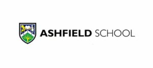 Ashfield School logo with shield crest and black text on a white background