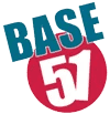 Blue and white Base 51 logo with bold lettering above a red shield