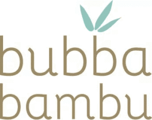 Bubba Bambu logo with beige lowercase text and teal leaf shapes above