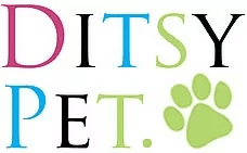 Ditsy Pet logo in pink, blue, black and green text with a green paw print