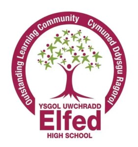 Ysgol Uwchradd Elfed High School logo with a stylised tree and bilingual circular text