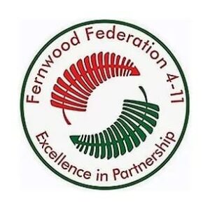 Fernwood Federation 4-11 circular logo with red and green abstract swirl and Excellence in Partnership text