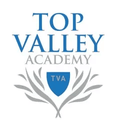 Top Valley Academy logo with blue text, shield and grey laurel leaves